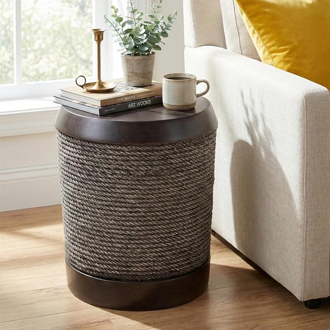 Round Outdoor Side Table MGO Concrete End Table with Simulated Braided Rope Texture, Fully Assembled Cylindrical Accent Side Tables for Patio, Balcony, Living Room, Garden,Vintage Dark Brown