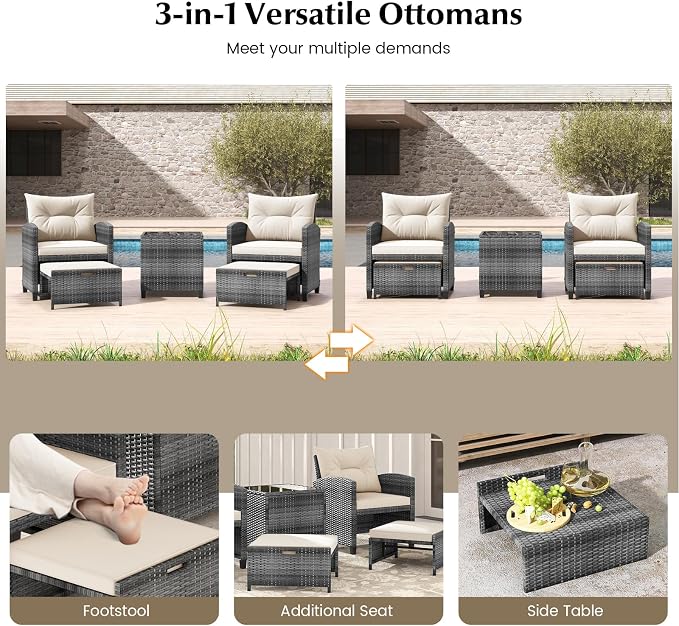 COSTWAY 5-Piece Rattan Conversation Set, Outdoor Wicker Sofa, Tempered Glass Coffee Table & Ottomans for Small Space, Boho Chic Indoor/Outdoor Furniture Set for Poolside, Backyard, Deck (White)