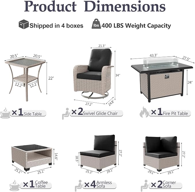 Patio Furniture Set, 11-Piece Outdoor Sectional Sofa with Swivel Rocker Chairs & Fire Pit Table, Wicker Patio Conversation Set with Coffee Table, Black Cushions