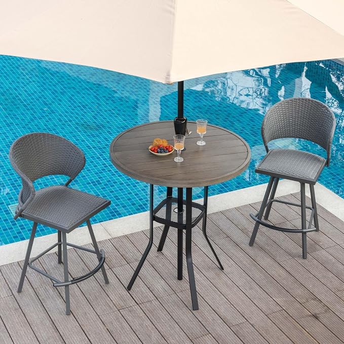 DIFY Patio Bar Height Table, 35.5" Round Outdoor Bistro Table with 1.57" Umbrella Hole for Poolside, Balcony, Pub and Garden, Grey Wood-Like