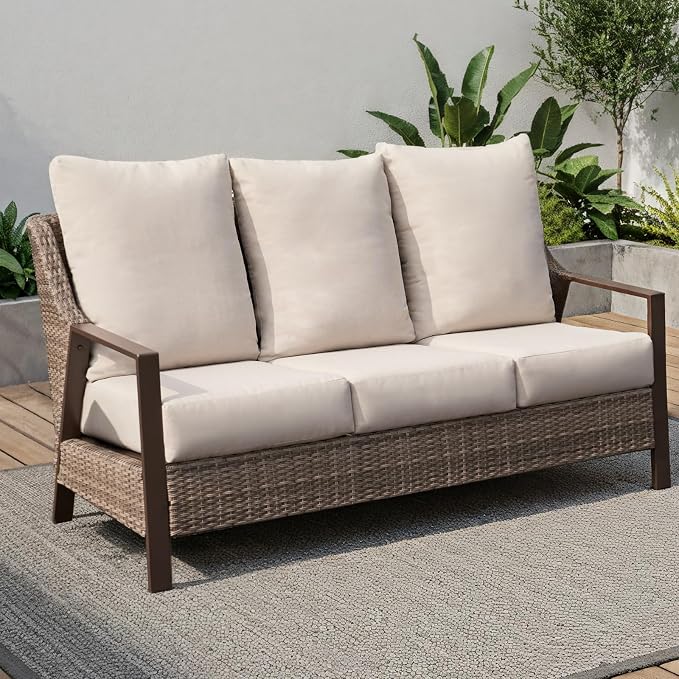 Outdoor Sofa 3 Seat Patio Couch, All-Weather PE Rattan Wicker Loveseat with Washable 4.7" Thick Cushions, Outdoor Furniture for Deck, Porch, Balcony, Backyard, Beige