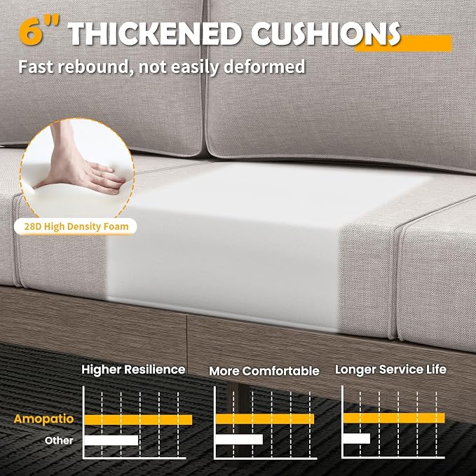 Amopatio Aluminum Patio Furniture Set, 6 Pieces Modern Metal Outdoor Furniture, Faux Wood Grain Finish Frame Patio Sofa Sets with 6" Cushion for Backyard, Beige