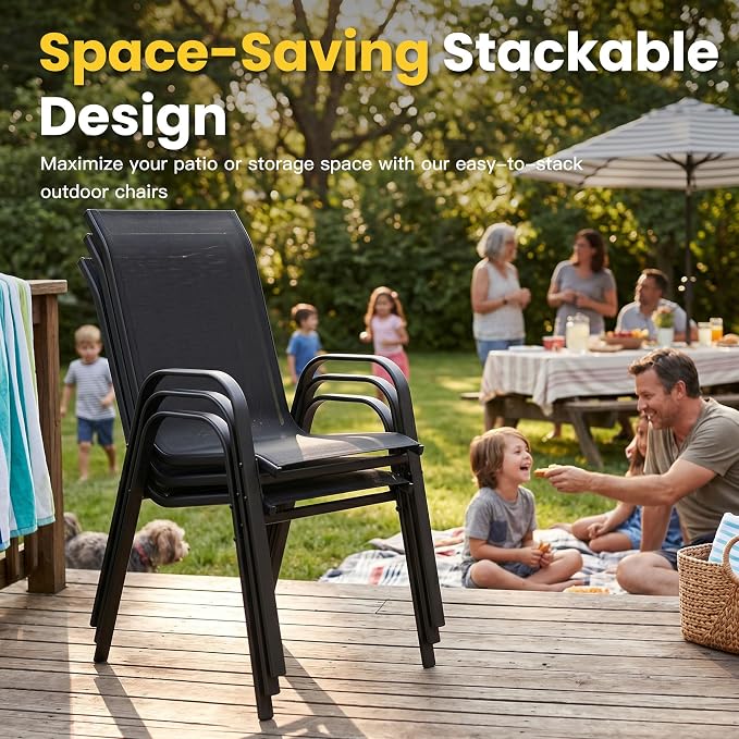 VICLLAX Patio Dining Set for 4, All Weather 5-Piece Patio Set-37.8" Square Outdoor Table and 4 Stackable Chairs for Lawn Garden and Backyard,Black Tabletop