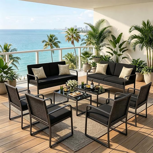 Gizoon 8 Piece Outdoor Black Wicker Patio Furniture, Outdoor Patio Furniture Set with Glass Coffee Table, Modern Rattan Chairs Conversation Set, for Porch, Garden, Lawn, Black Cushion