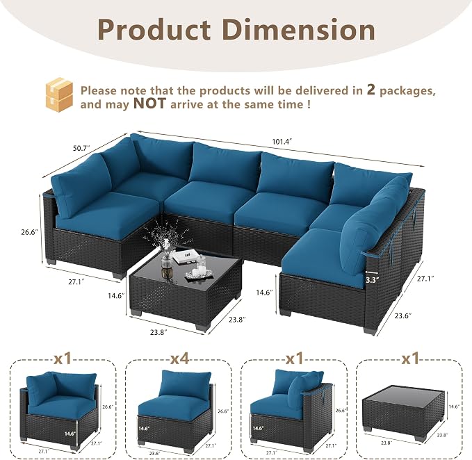 LOUVIXA 7 Piece Outdoor Patio Furniture Set, Outdoor Sectional Sofa, Wicker Rattan Patio Furniture, Patio Conversation Set with Coffee Table & Cushions