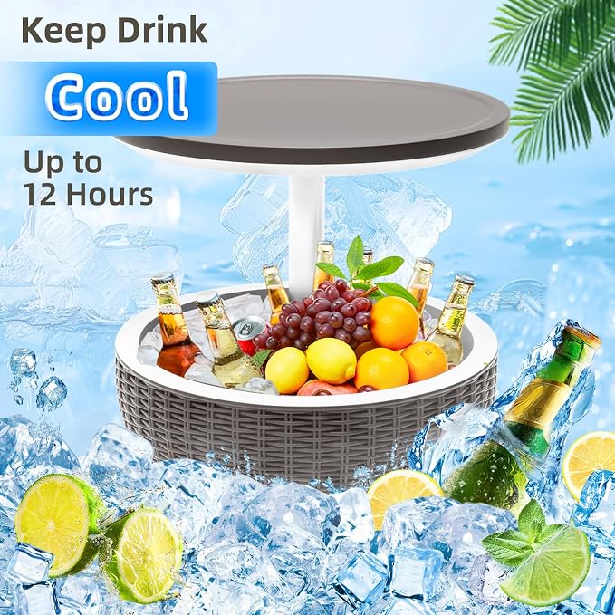 Patio Cool Bar Table, Height-Adjustable Outdoor Bar Tables 8 Gallon Beer and Wine Cooler, 3-in-1 Rattan Style Ice Cooler with Drainage Plug for Pool Party (Grey)