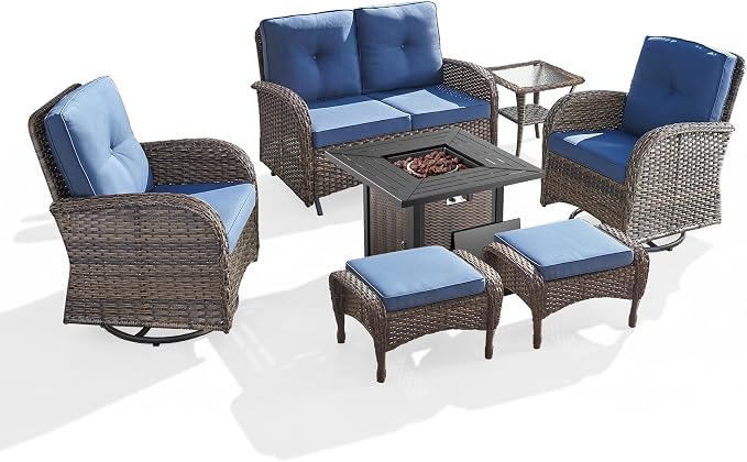 7 Piece Patio Furniture Set with Fire Pit Table - Wicker Patio Conversation Set with Swivel Glider, Glider Loveseat, Side Table and 2 Ottomans for Deck Backyard - Brown Wicker Blue Cushion