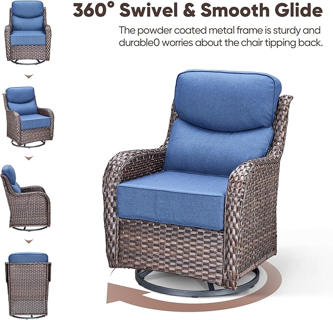 Swivel Patio Chairs Set of 2 with 6" Thick Cushion - Wicker Outdoor Swivel Rocker Patio Sets, High Back Comfortable Outdoor Glider Chairs - Brown Wicker | Blue Cushion