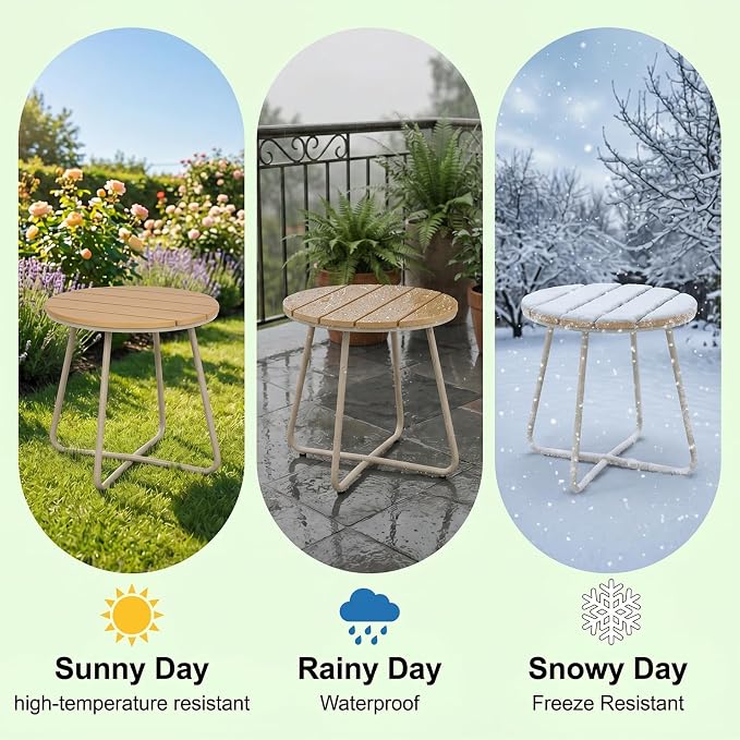 danpinera Outdoor Side Tables, HDPS Patio Table with Metal Legs, 18 Inch Outdoor Small Round Table for Garden, Backyard, Porch, Deck, Balcony, Poolside, Natural