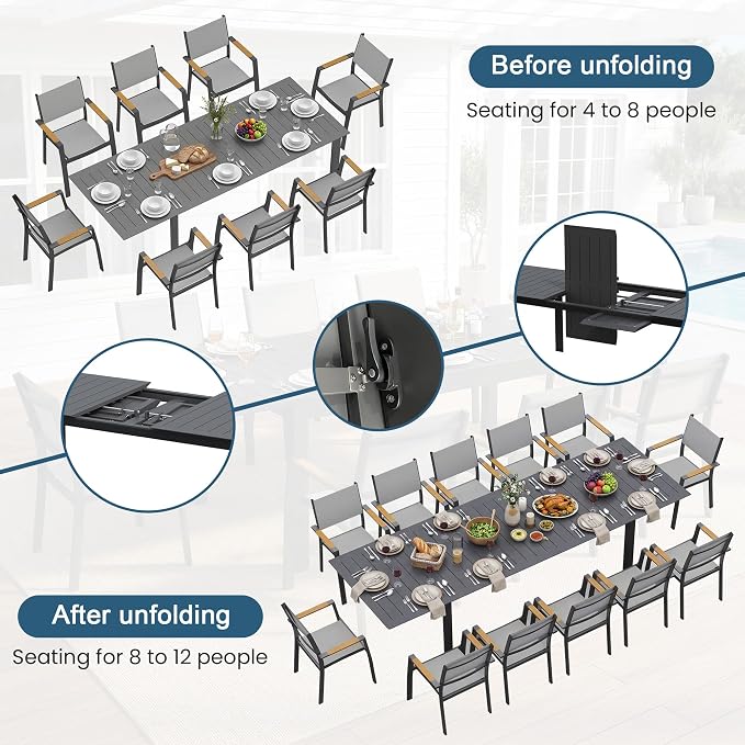 RoyalCraft Aluminum Outdoor Patio Table and Chairs Set with 121" L -81" L Expandable Dining Table, 9-Pieces Patio Furniture Set for 8, Outdoor Dining Set with Stackable Quick Drying Chairs, Grey