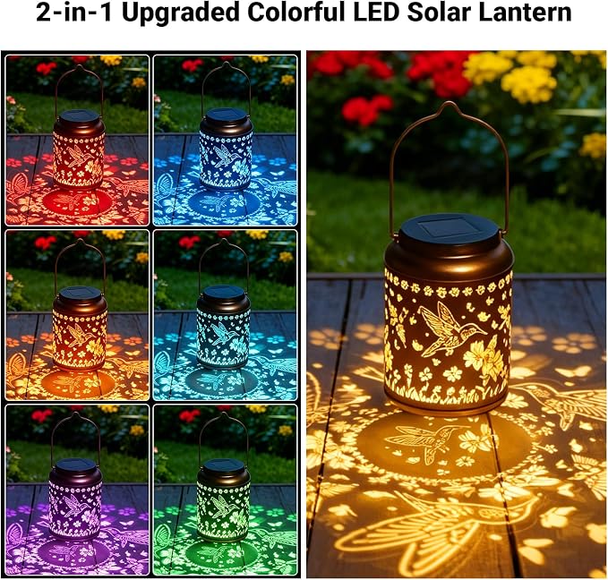 Waterproof Metal Hummingbird Solar Lantern Outdoor Hanging Garden Light | Colorful LED metal hummingbird lantern; durable, waterproof outdoor decor perfect for patio, yard, or as a gift for women