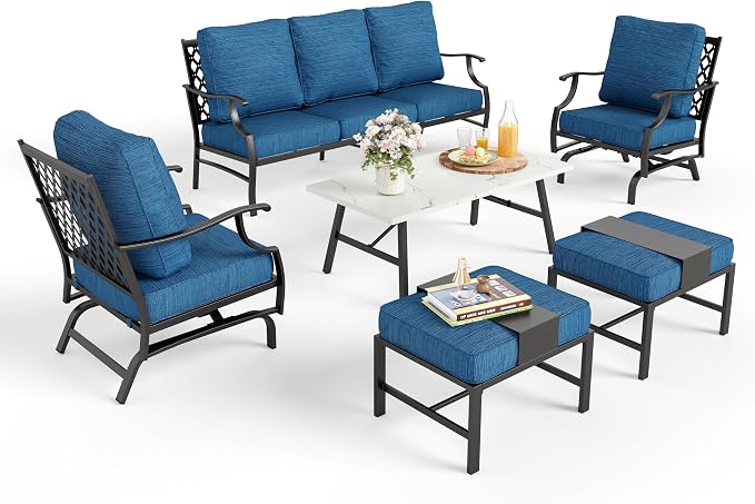 MIXPATIO Patio Furniture Set 6 pcs, Outdoor Patio Furniture, 3-Seat Sofa, 2 Rocking Chairs, 2 Ottomans, Coffee Table and 5.75" Extra Thick Cushion, Conversation Set for Backyard Deck, Gemstone Blue