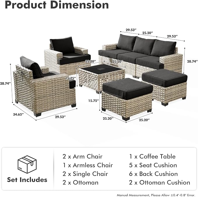 8 Pcs Outdoor Sectional Patio Furniture Set with Ottomans - All Weather Wicker Modular Outside Sectional Couch,Patio Seating Outdoor Conversation Sets for Deck Yard Garden,Black