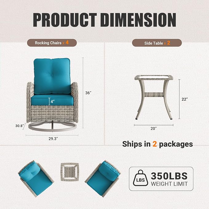6-Piece Patio Rocking Swivel Chair Outdoor Wicker Rattan Bistro Set with Tempered Glass Side Table, Outdoor Patio Furniture Set for Garden, Deck, and Balcony, Turquoise