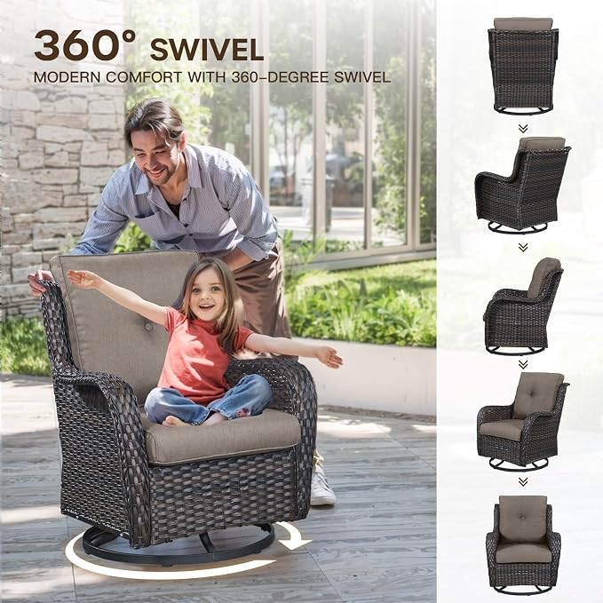 Patio Loveseat Glider Set, Resin Wicker Loveseat Glider with 4 Swivel Patio Chiars Coffee Table 2 Side Table, 8 Piece Patio Conversation Loveseat Set, Brown Wicker|Grey Cushions