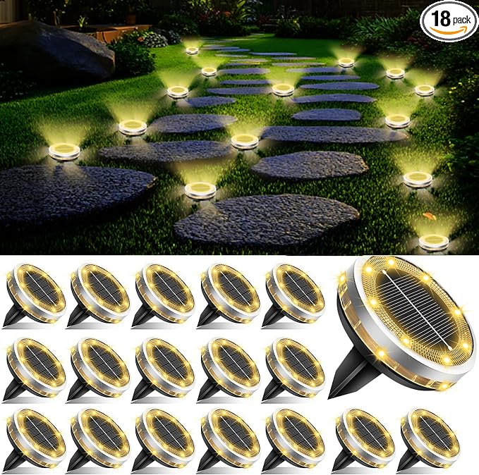 SenLuKit Solar Ground Lights Outdoor 18 Pack Waterproof, Upgraded Solar Garden Lights with 4 Side Light, Stainless Steel Solar Powered Disc Landscape Light for Walkway Lawn Yard Patio Deck-Warm White
