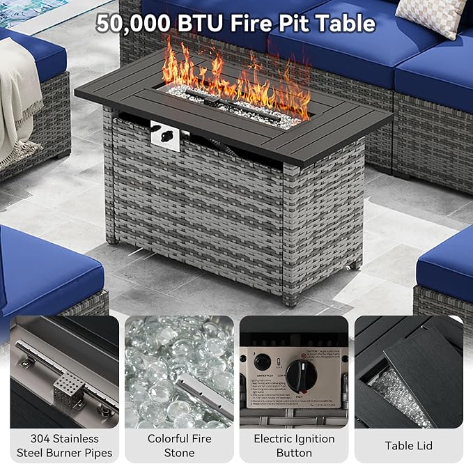 LazySunsets 8-Piece Patio Furniture Set with 44" Fire Pit Table, Wicker Outdoor Furniture, Patio Conversation Sets with Coffee Table, Outdoor Sectional Couch, Blue