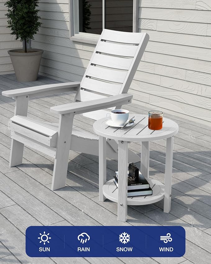 YEFU Outdoor Side Table for Patio: 16in HIPS Small Round Outdoor End Table - 2-Tier Adirondack Tables for Porch Patio Yard Poolside Living Room Beach Bedroom (White, 2 Pack)