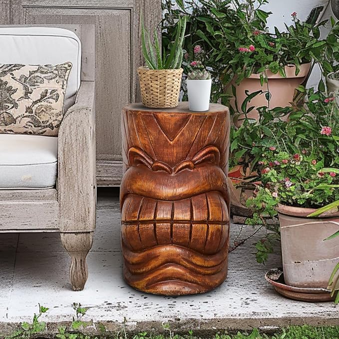SKYFIRE Tiki Face Faux Wood Stump - The Grand Tiki Face Kanaloa Teeth Indoor Outdoor Side Table Statue for Garden, Patio, Backyard, Lawn, House, Office Decor -19.6" H Concrete Tiki Statue