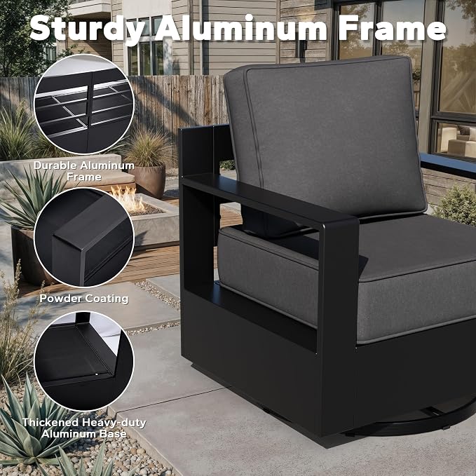 Outdoor Aluminum Furniture Set, 4-Piece Patio Conversation Set, 2 Swivel Chairs, 1 Sofa and 1 Fireplace, All-Weather Metal Frame, 6" Thick Removable Cushions, Deep Setting for Garden and Porch