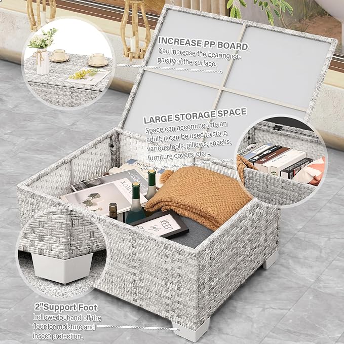WAROOM Patio Furniture Set 7 Piece Grey Wicker Outdoor Conversation Sets PE Rattan Sectional Sofa with Storage Coffee Table and Anti-Slip Navy Blue Cushion