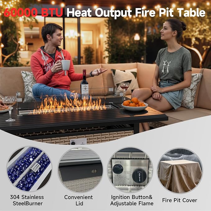 13 Pieces Patio Furniture Set with Fire Pit Table, Outdoor Sectional Wicker Sofa with Thickened Cushions and Coffee Table, High Back Rattan Patio Conversation Sets, Cyan