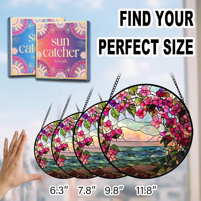 Birthday Gifts for Women - Ocean Flowers Faux Stained Glass Window Hanging Sun Catcher for Door Garden Acrylic Scenery Decor Mother's Day Christmas for Mom Men Nana Grandma Sisters 7.8"