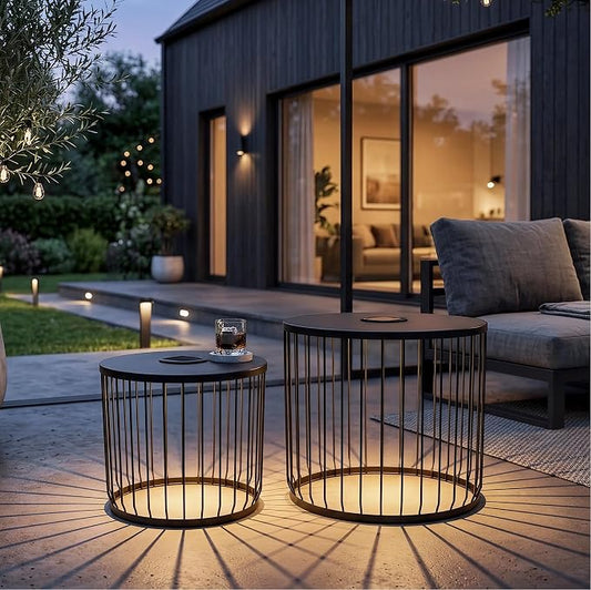 2-Pack 17.7 and 13.8 Inch Outdoor Side Tables, Solar Powered Side Tables with LED Lights, Round Metal Nesting Patio End Tables for Balcony Garden or Living Room, Black