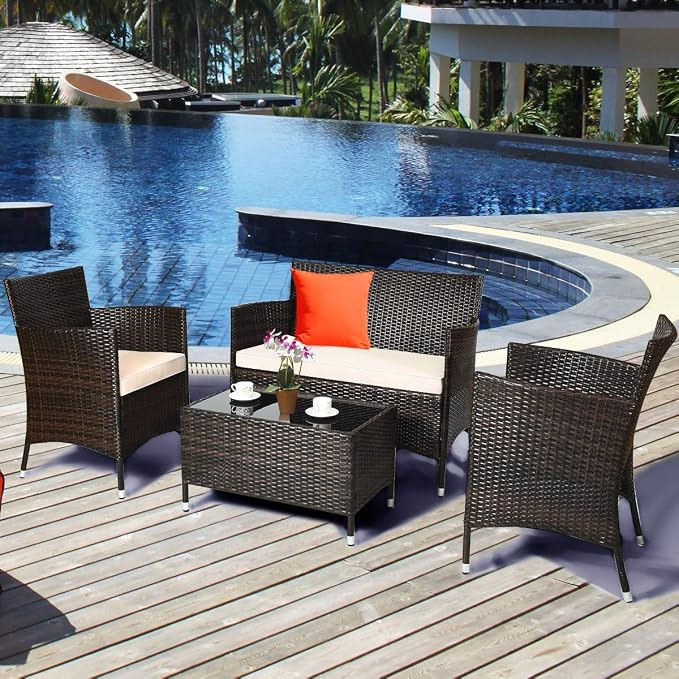 Tangkula 4-Piece Rattan Patio Furniture Set, w/Tempered Glass Coffee Table, Outdoor Sofa Table Set, w/Thick Cushion, Manual Weaving Conversation Set for Garden, Lawn, Poolside (1, Beige & Grey)