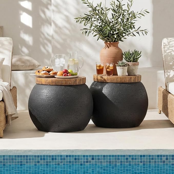 HOMPUS Outdoor Concrete Side Table Set of 2, 2 Pieces Jar Shaped Round Coffee Table, Outdoor Accent Table Modern Patio End Table Sets for Garden, Paito, Living Room
