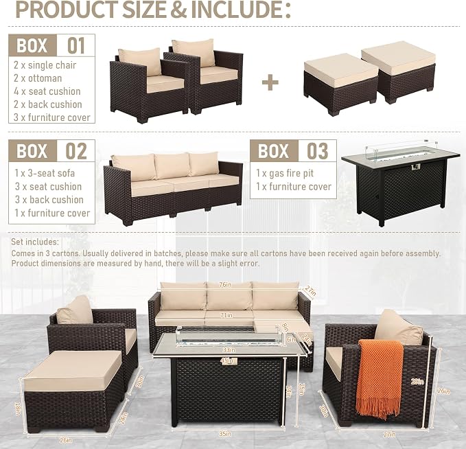 Rattan Star Patio Furniture Set 6-Piece Outdoor Furniture Set with 45'' Propane Gas Fire Pit Table Outdoor Conversation Set Wicker Sofa Set Non-Slip Cushions Waterproof Covers, Khaki