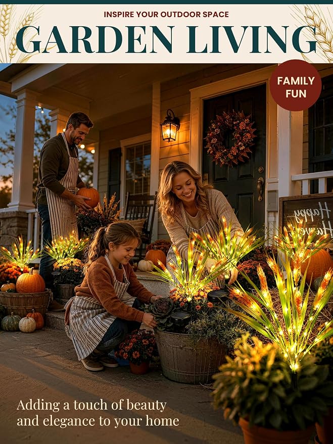 GIGALUMI 3 Pack Solar Wheats Outdoor Fall Decor, 2 Modes, Yellow | Flower Lights, IP65 Waterproof, Auto On/Off, Solar Powered, Garden Decor, for Pathway, Yard, Patio, Gardening Gifts for Women
