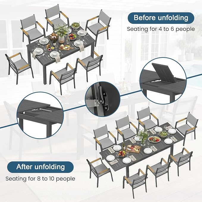 RoyalCraft Aluminum Outdoor Patio Table and Chairs Set with 91.7" L-62 L Expandable Dining Table, 9-Pieces Patio Furniture Set for 8, Outdoor Dining Set with Stackable Quick Drying Chairs, Grey