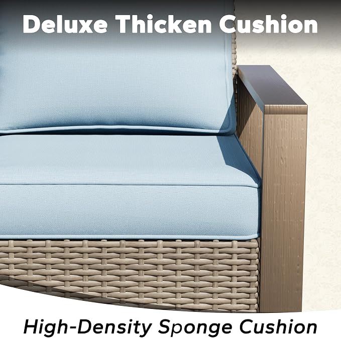 75" Patio Metal Wicker Sofa, All Weather Outdoor Rattan 3-Seat Sofa Couch with Premium Cushions & Rectangular Framed Wood-Looking Metal Armrest for Garden Backyard Porch Deck, Baby Blue