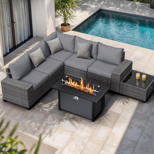 JOIVI 7 Pieces Outdoor Patio Furniture Set with 45” Fire Pit Table, Rattan Patio Sectional Sofa Conversation Set with 50000BTU Propane Fire Pit and Coffee Table for Garden, Backyard, Deck, Gray