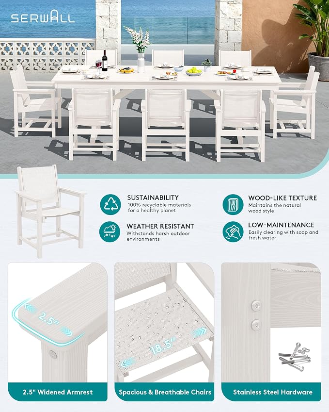 SERWALL 9 Piece 84" HDPE Outdoor Dining Set for 8 with Textilene Chairs and Umbrella Hole, White