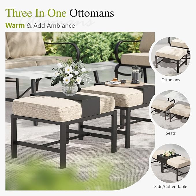 Sophia & William Patio Furniture Sets for 9 with 45" Gas Fire Pit Table Outdoor Conversation Sets 8 Pcs, 2xSofa Chairs, 2xSwivel Cushion Chairs, 1x3-Seat Sofa, 2xOttomans for Porch Poolside Beige