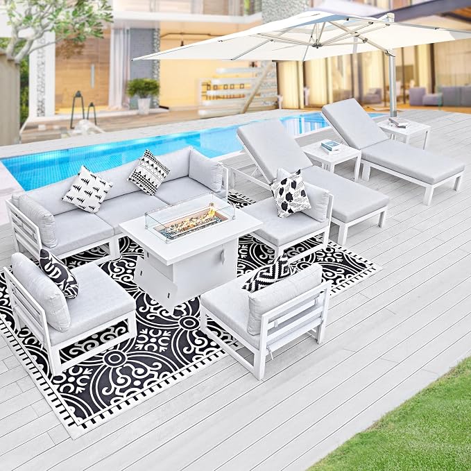 BULEXYARD 11 Piece Oversized Contemporary Aluminum Patio Furniture Set, All Weather Modular Sectional Sofa with Tanning Chair & Fireplace, 500 lbs Heavy Duty Comfy Outdoor Couch for Poolside, White