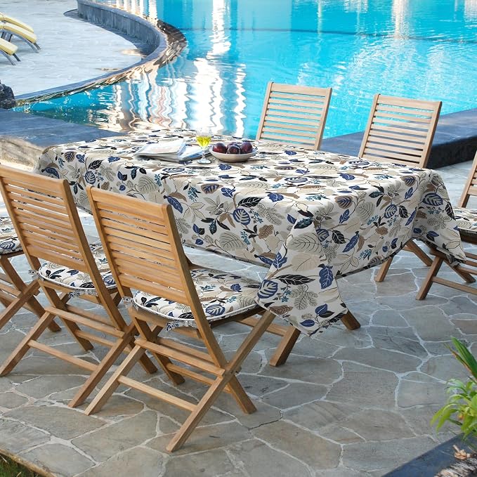 DYTXIII Outdoor Rectangle Tablecloth with Umbrella Hole and Zipper 84" x 60", Water Repellent Floral Picnic Cover, Fade & Wrinkle Resistant Tablecloth for Patio/Garden/Party Table, Leaves Beige