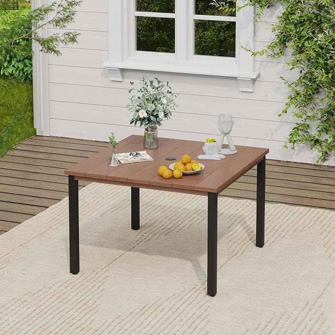 VICLLAX Square Patio Dining Table for 4, Outdoor Patio Table with Umbrella Hole for Garden Lawn Deck Backyard, Walnut Tabletop