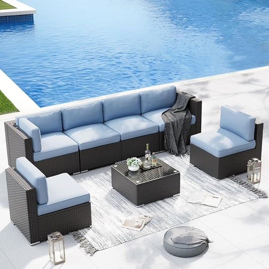 7 Piece Outdoor Sectional Sofa Patio Furniture Set Wicker with Cushions and Coffee Table, Outdoor Conversation Set for Backyard Garden Deck Lounge(Blue2)