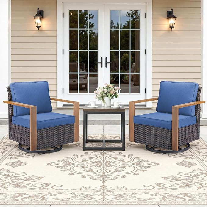 Outdoor Swivel Rocker Patio Chairs Set of 3, High Back Swivel Patio Chairs with Side Table & Metal Arm, Wicker Outdoor Bistro Set for Porch, Yard, Deck, Poolside, Blue