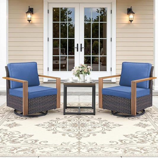 Outdoor Swivel Rocker Patio Chairs Set of 3, High Back Swivel Patio Chairs with Side Table & Metal Arm, Wicker Outdoor Bistro Set for Porch, Yard, Deck, Poolside, Blue