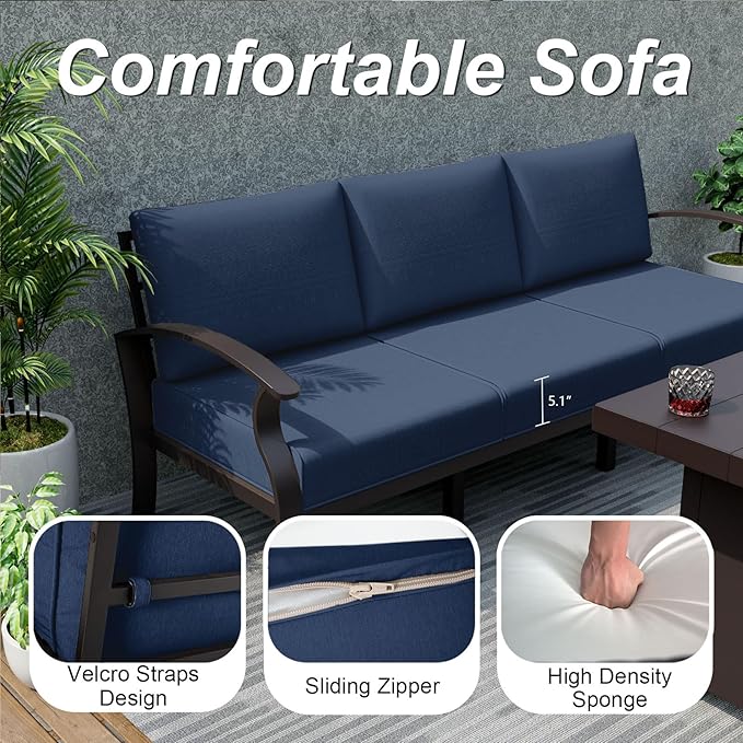 ALAULM Aluminum Patio Furniture Set with Coffee Table Rectangular，5-seat Outdoor Sectional Furniture w/5.1" Cushions，Patio Conversation Set for Porch, Backyard, Poolside-Dark Blue