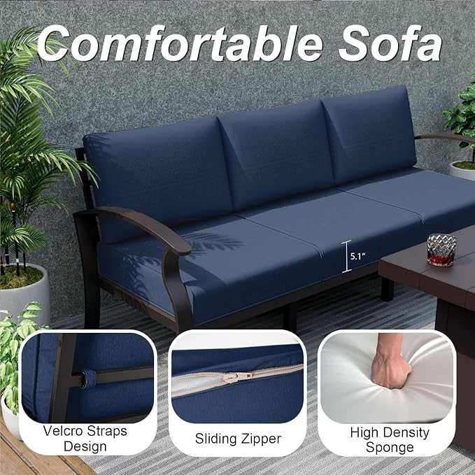 ALAULM Aluminum Patio Furniture Set with Propane Fire Pit Table 8-seat Metal Outdoor Furniture w/Fire Pit Patio Conversation Set w/5.1" Cushions for Patio, Backyard, Poolside-Dark Blue