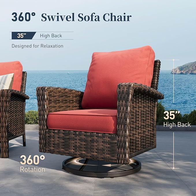 Patio Furniture Set with Swivel Chairs, High Back Wicker Rattan Furniture with 5.5" Thick Cushions & Fire Pit Table, All Weather Outdoor Conversation Set for Backyard Deck, 4 Seats, Red