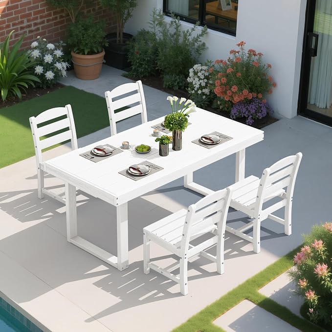 SERWALL HDPE Outdoor Dining Set for 4, 67'' Patio Table and Chairs Set | with Armless Seat