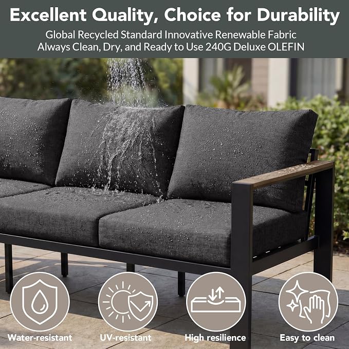 Patio Furniture Set 5 Seats and Coffee Table, Patio Conversation Set with Washable Thick Cushions, Deluxe Aluminum Modern Outside Sectional for Porch, Balcony, Deck, Yard, Dark Gray