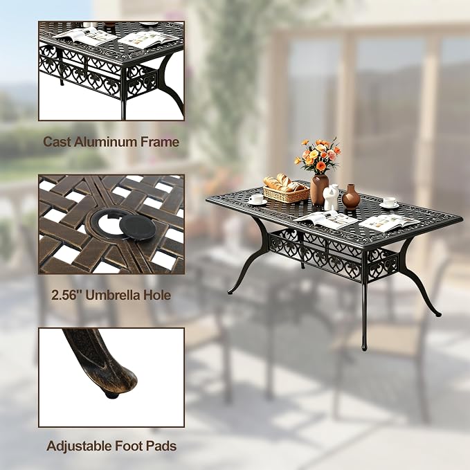 Patio Dining Set, Outdoor Furniture Set Include, 59" Cast Aluminum Table, 4 Textilene Chairs, Patio Table with 2.56" Umbrella Hole
