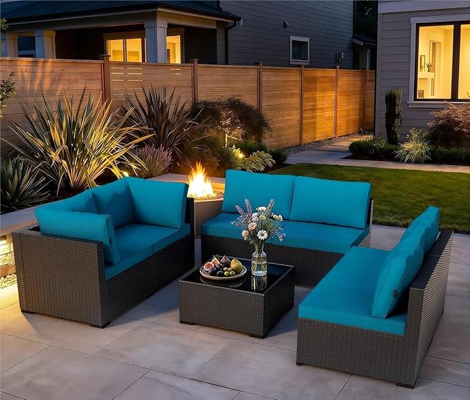 7 Piece Modular Sectional Sofa Peacock Blue Outdoor Patio Furniture Set All Weather Wicker Rattan Patio Conversation Sets for Backyard Garden Poolside Balcony Porch Patio